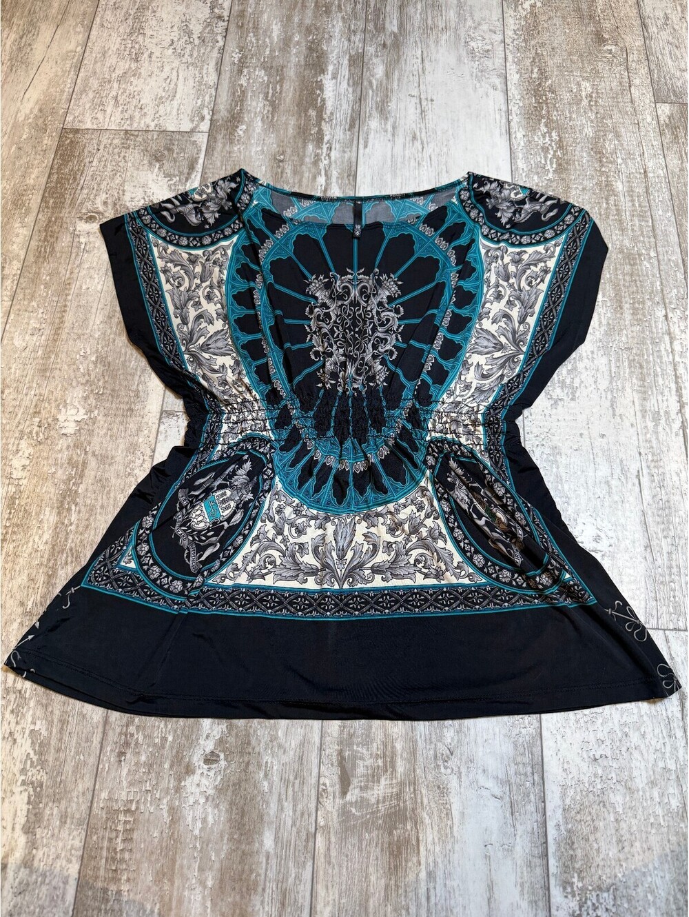 Love Culture Womens L Teal Black Baroque Tunic Top Made USA